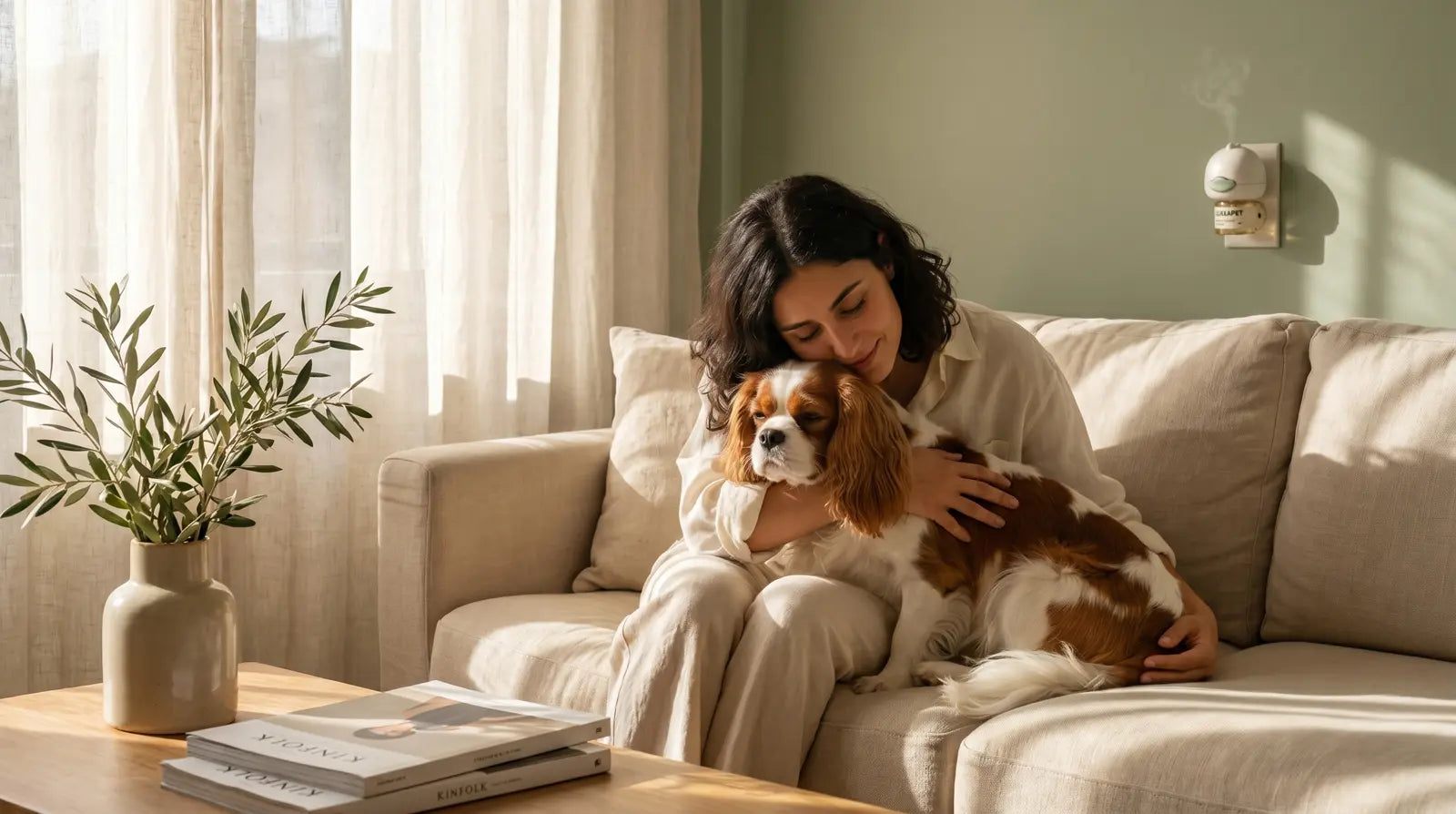 Giulia M. con Pepper, la sua Cavalier King di 4 anni, sul divano